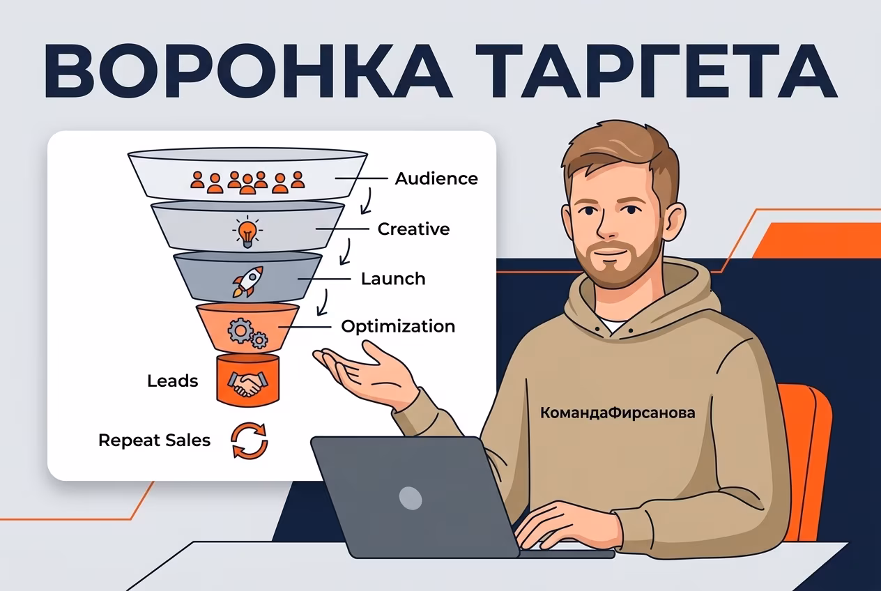Схема воронки продаж в таргетированной рекламе от аудитории до повторных продаж
