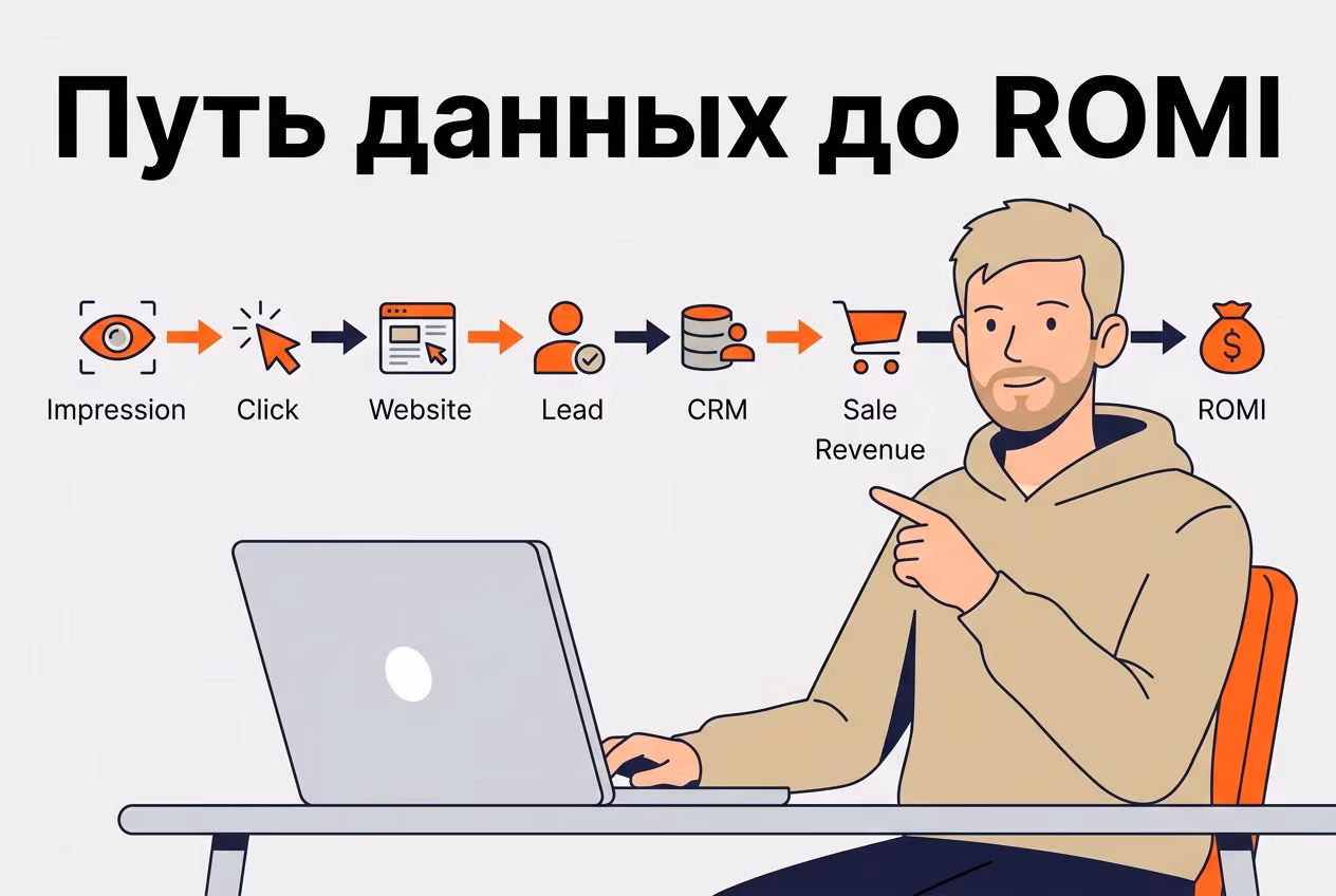 Схема пути данных от показа до ROMI в аудите таргетированной рекламы