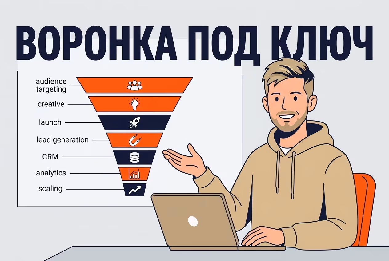 Специалист объясняет этапы воронки таргетированной рекламы под ключ с инфографикой