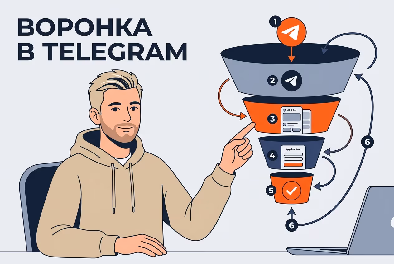 Специалист объясняет воронку продаж через таргетированную рекламу Telegram с этапами конверсии