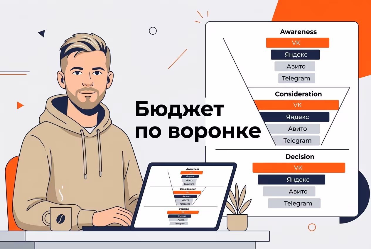 Схема распределения бюджета между платформами по этапам воронки